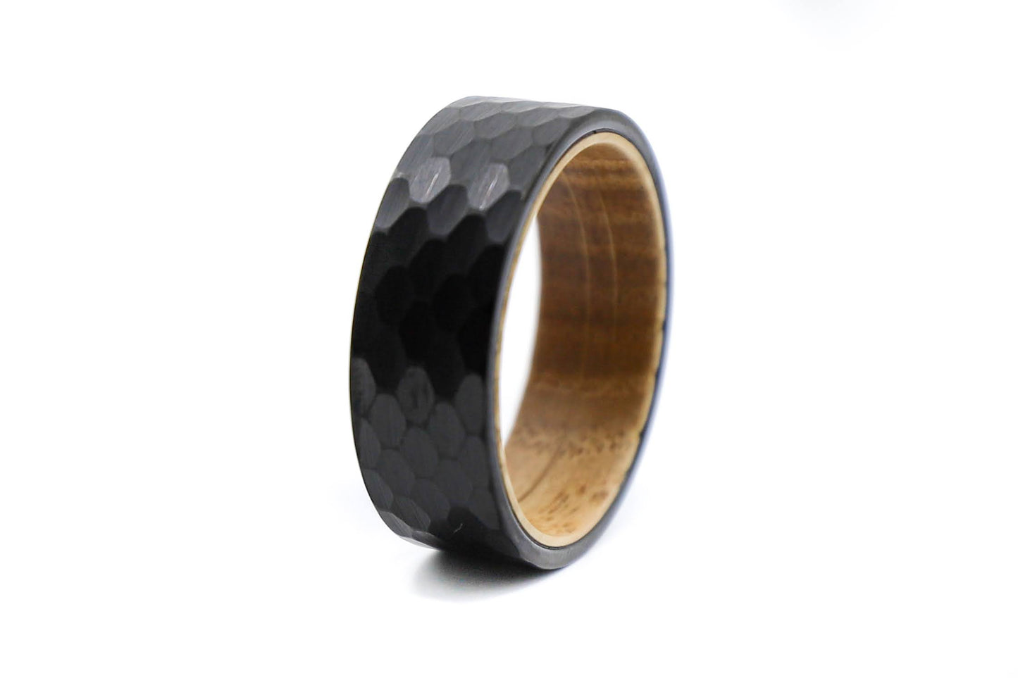 whiskey barrel wood wedding ring with black shell