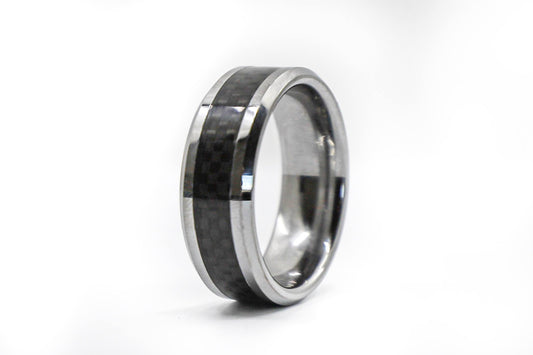 silver and carbon fiber wedding band